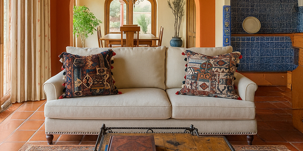 Le Nouveau Chic : 5 Règles de Décoration que Vous Pouvez (Enfin) Ignorer 2 Coussins bohèmes texturés avec tassels, créant une ambiance de confort absolu sur un canapé blanc dans un salon cosy.