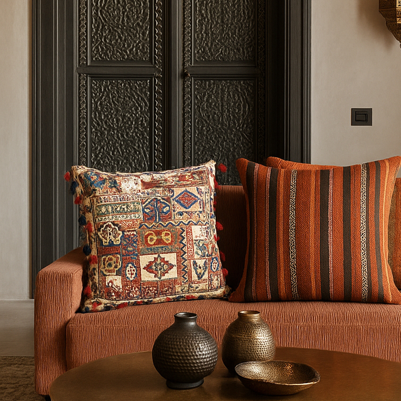 Housse de coussin ethnique berbère Titawin terracotta avec motifs blancs, disposée sur un banc près d'une fenêtre.
