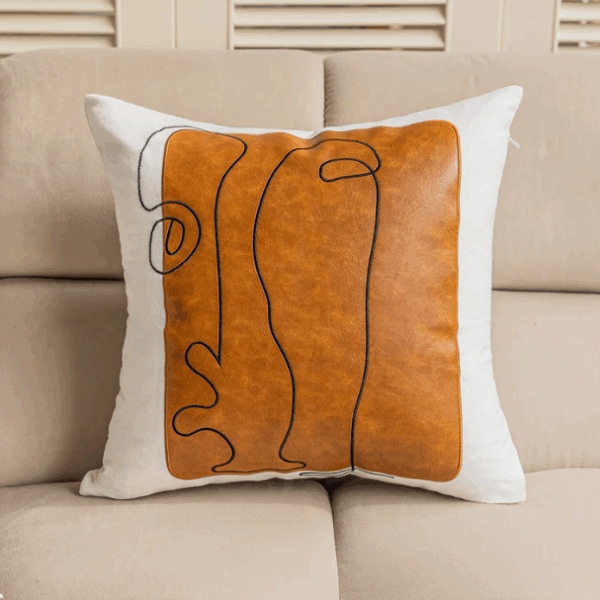 Housse de Coussin Minimaliste Abstraite | Simili Cuir Marron & Ligne Noire