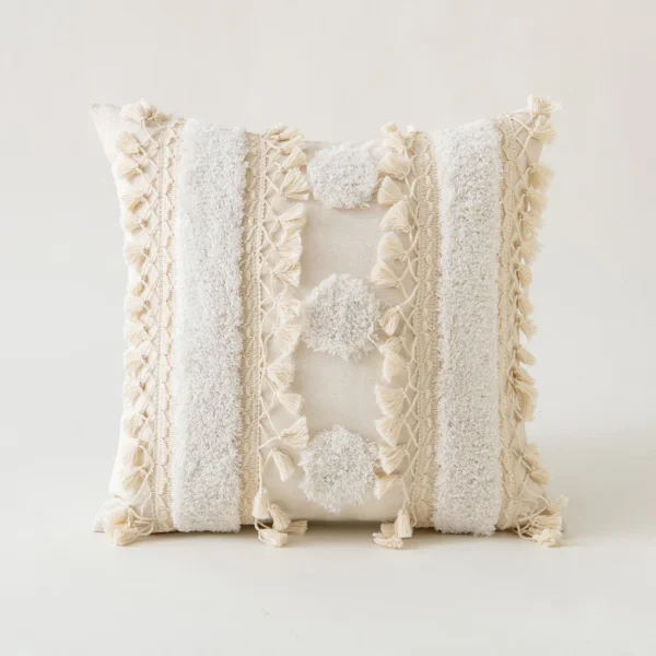 Housse de coussin bohème en coton naturel écru avec pompons et tresses